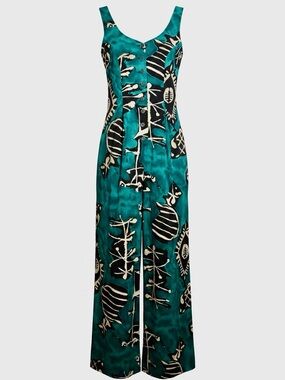 Vintage 90s All That Jazz Teal Abstract Rayon Wide Leg Jumpsuit